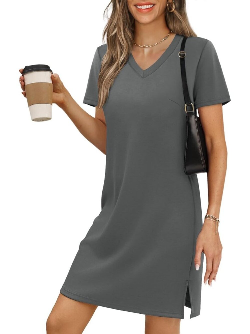 Women Grey Polyester Blend Short Sleeve V Neck Pull On Casual Mini Dress